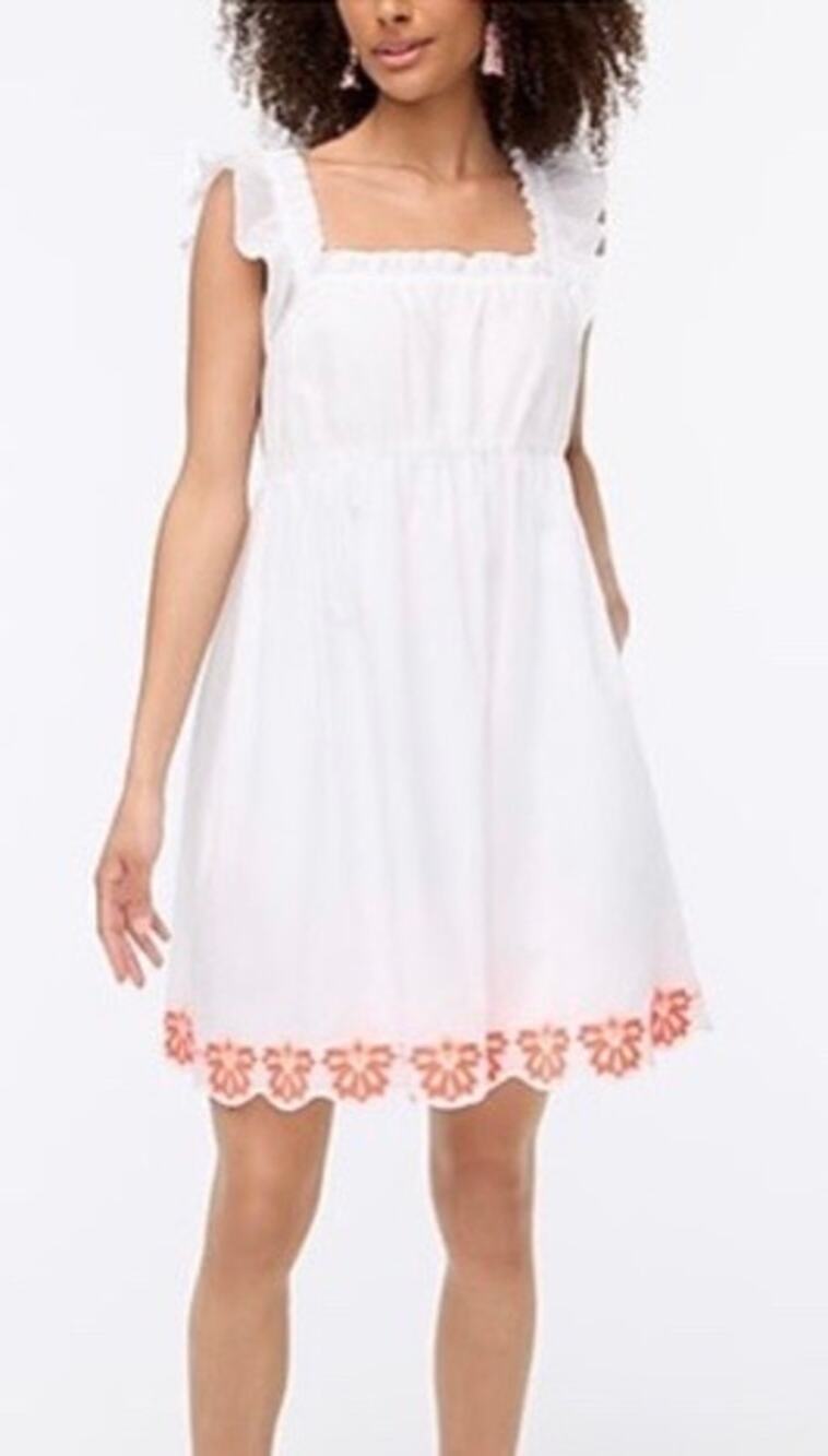 J. Crew Flutter Sleeve Mini White Dress with Neon Embroidery Hem